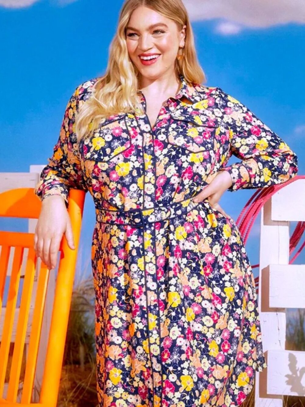 NWT ModCloth Floral Print Button Down‎ Shirt Dress Navy Yellow Pink Groovy L